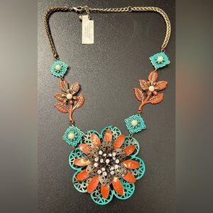 Coronet Company Vintage Enamel Metal Rhinestones Floral Flower Leaf Necklace